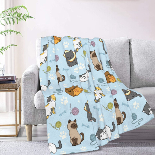Niedliche Katzen-Fleecedecke, blau, 102 x 76 cm 1