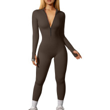 Dames yoga jumpsuit met ribbels, lange mouwen en ritssluiting aan de voorkant