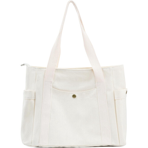 Bolsa de lona com zíper e vários bolsos.