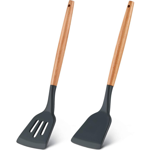 Conjunto de espátulas de silicone com cabo de madeira (2 peças)