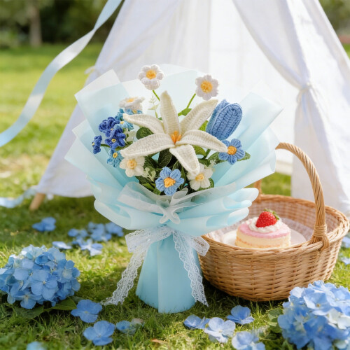 Handmade Crochet Blue Flowers Bouquet Artificial 1 Piece