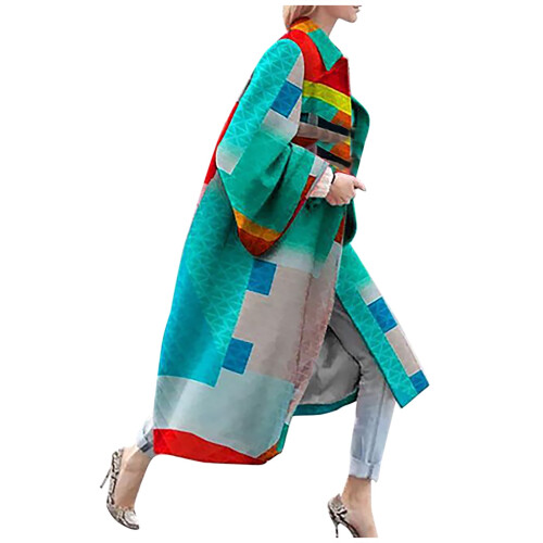 Women's Boho Floral Trench Coat Oversized Long Sleeve with
