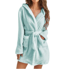 Women's Plush Hooded Bathrobe Lightweight Knee-Length