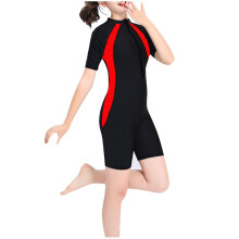 Girls' solid color long sleeve swimsuit with zipper, red,