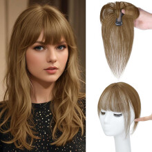 Real Human Hair Topper with Wispy Clip-On Bangs