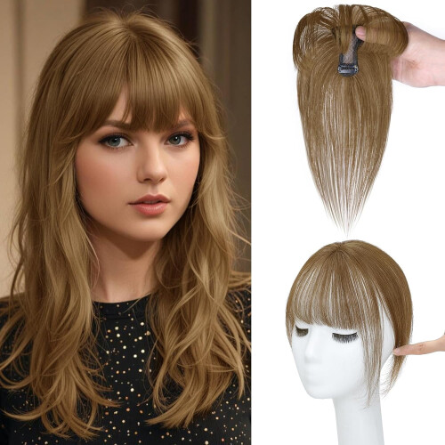 Real Human Hair Topper with Wispy Clip-On Bangs