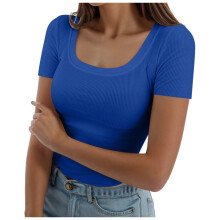 Women's Short Sleeve Scoop Neck Ribbed Tee Blue XXXL