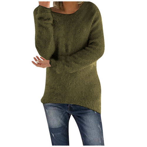 Women's fuzzy jumper sweater solid color long sleeve round