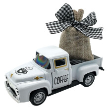 Mini metal coffee truck ornament with removable burlap bag
