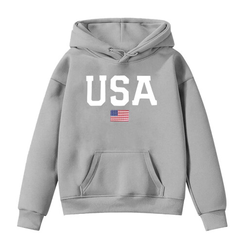 Kinder-Kapuzenpullover mit amerikanischer Flagge, grau, langärmelig, Größe 5-6