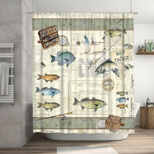 Rideau de douche style ferme sur le thème de la pêche, imperméable, en polyester 60x