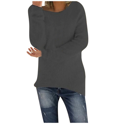 Women's fluffy fuzzy sweater solid color long sleeve round