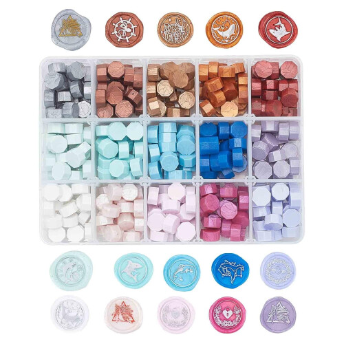Perles de cire à cacheter, 15 couleurs, 375 pièces, boîte à 15 compartiments