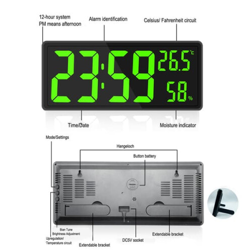 Digital Wall Clock Red Large Display 12-inch 2