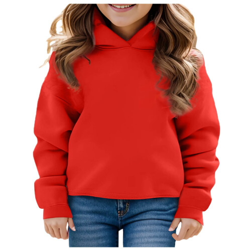 Kids Solid Color Cotton Pullover Hoodie Long Sleeve Red 1