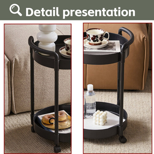 Round side table with 2 shelves and 4 wheels black 2