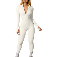 Dames yoga jumpsuit met ribbels, lange mouwen en ritssluiting aan de voorkant