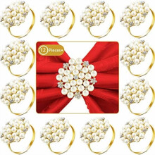 Servettringar i guld med pärlor och blommor, strass, 24 st