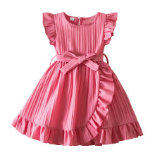 Vestito da bambina con maniche a volant e fiocco, tinta unita, per feste.