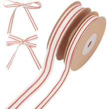 Set van rood katoenen gestreept lint, 20 yards (ca. 27,7 meter) breed, 3/8 inch (ca. 9,5 cm) en 5/8 inch (ca. 15,7 cm) breed.