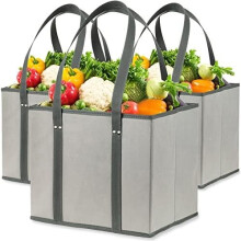 Sacolas de compras reutilizáveis e resistentes, cinza, pacote com 3 unidades.