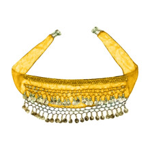 Hondenbuikdansereskostuum met gele pailletten tailleketting en