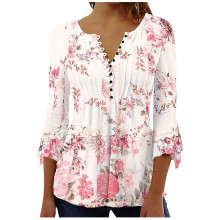 Bohemian Women's V-Neck Floral Tunic Top with 3/4 Flare