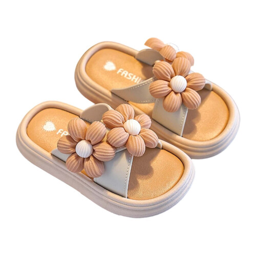 Kids Flip Flops Summer Flower Open Toe Soft Sole Khaki Size