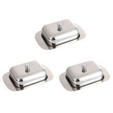 3X Lujoso Contenedor Caja Plato de Mantequilla de Acero Inoxidable, Bandeja de Almacenamiento Servidor de Queso Brillante con Tapa FáCil de Sujetar