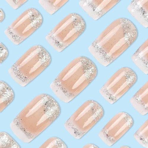 French Tip Press-on Nails Medium Length White with Glitter 2