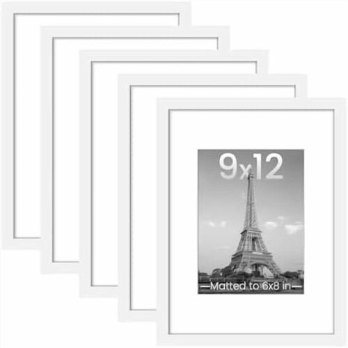 White Picture Frame Set 5 pcs 9x12 with 6x8 Mat