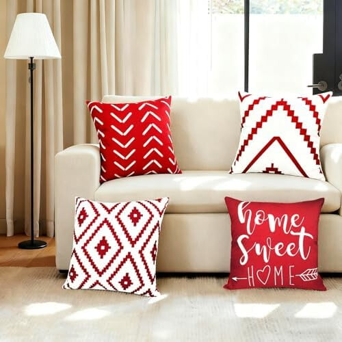 Conjunto de 4 capas de almofada decorativas em linho vermelho vinho, 50x50cm (20x20 polegadas). 1