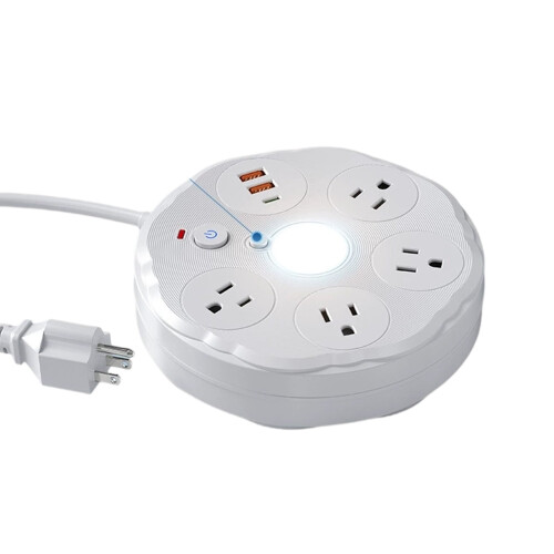 Régua de tomadas redonda com portas USB e luz noturna, 6 tomadas. 1