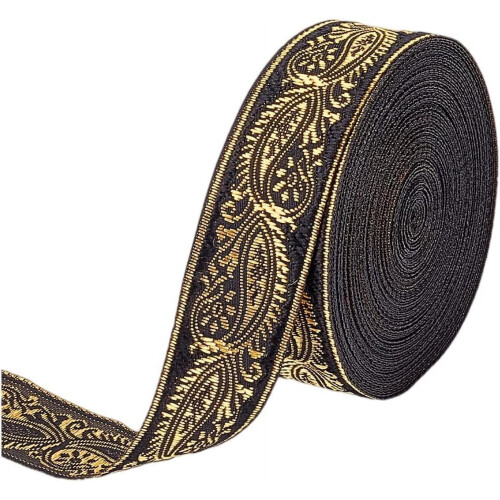 Sort vintage jacquardbånd 2,5 cm guld blomsterkant