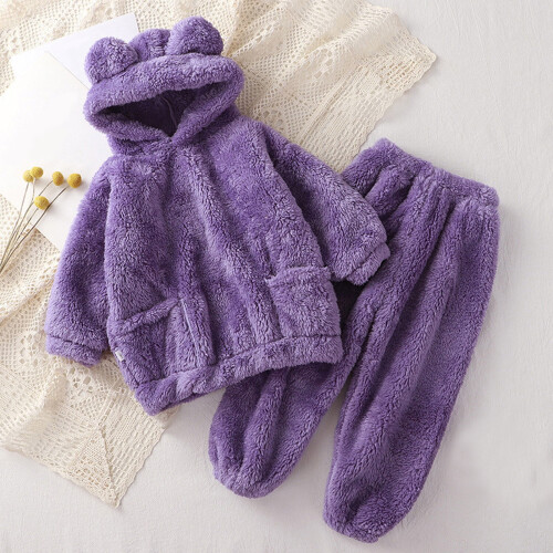 Conjunto infantil de moletom com capuz e calça com orelhas de urso em fleece (2 peças) 1