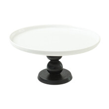 Ronde keramische taartstandaard met voet, 20 cm hoog, zwarte voet.