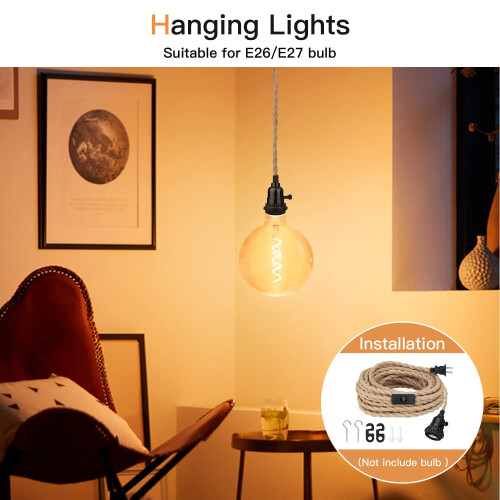 Pendant Light Kit with Plug Hemp Rope E26 Socket 16.5FT 2
