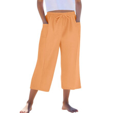 Girls Capris Pants Cotton Linen Wide Leg Elastic Waist