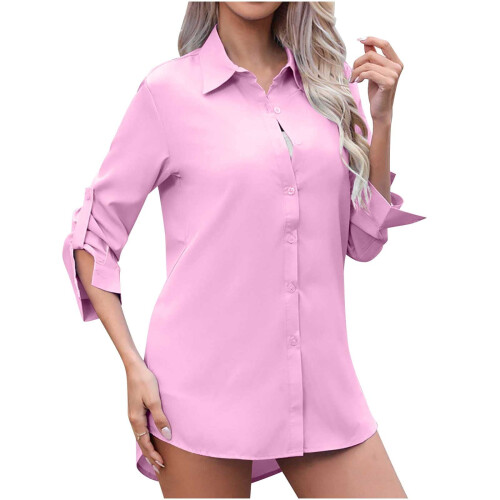 Camicia elegante da donna a maniche lunghe con bottoni, rosa, taglia M 1