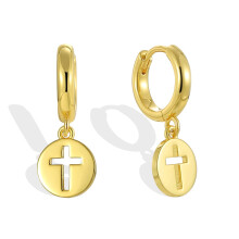 14K Gold Plated Cross Drop Earrings Women Polished Brushed