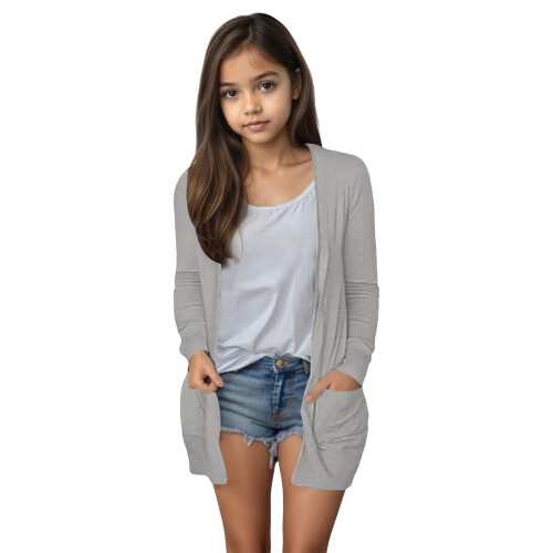 Girls' Open-Front Solid Cardigan with Pockets, Size 7Y–8Y