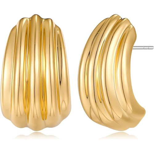 Gold Textured Stud Earrings for Women Large Minimalist