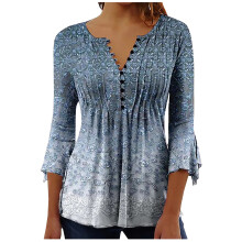 Bohemian Women's V-Neck Floral Tunic Top with 3/4 Flare