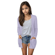 Girls' Open-Front Solid Cardigan with Pockets, Size 7Y–8Y