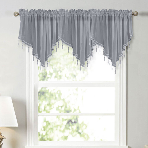Sheer Triangle Valance Curtains with Bead Trim Gray 51x24