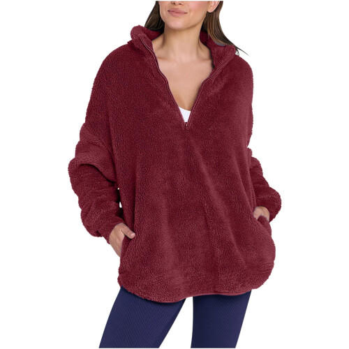 Damesblouse van effen fluweel met dubbele ritssluiting en vulling, rood 1