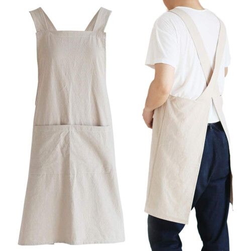 Tablier de cuisine en lin à dos croisé et poches
