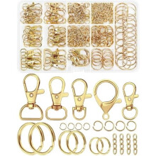 Kit para confecção de chaveiros dourados com 325 peças, incluindo fecho lagosta e clipes.