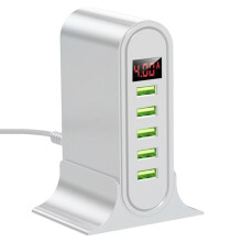Concentrador de carga USB de 5 puertos, compacto, en forma de U y con seguridad.