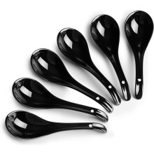 Juego de 6 cucharas de sopa de cerámica asiáticas blancas con diseño ovalado y gancho.